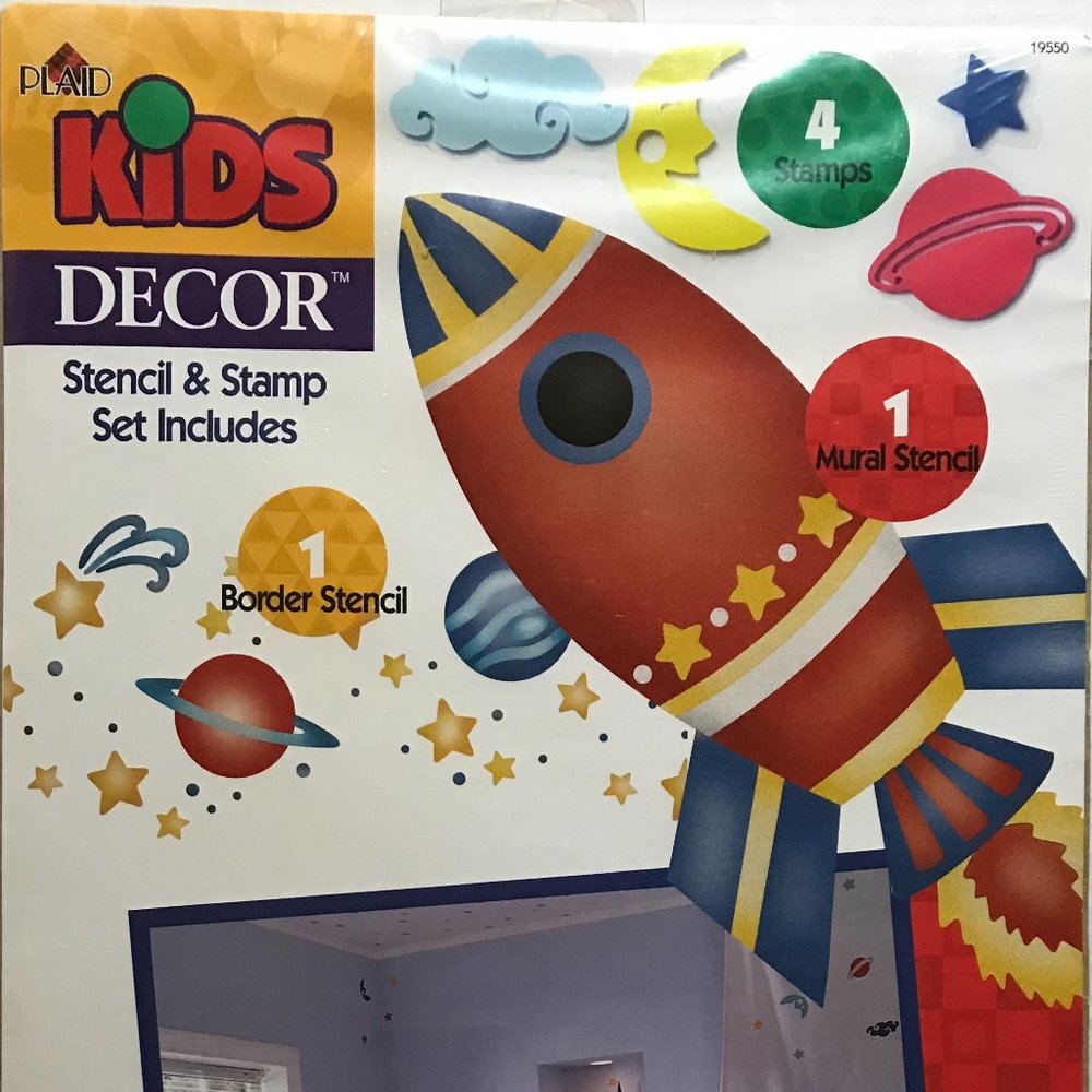 PLAID KIDS WALL DECOR - 2 Stencils, 4 Stamps Set, rocket, moon, star